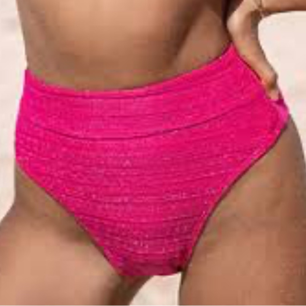 CUPSHE hot pink High Waisted Bikini Bottom shimmery textured NWT MEDIUM